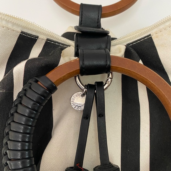 Celine Dion cream and black striped canvas purse with wooden handles - Picture 3 of 7